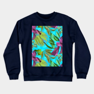 Blooming tropical flowers and leaves pattern floral illustration, aqua blue tropical pattern over a Crewneck Sweatshirt